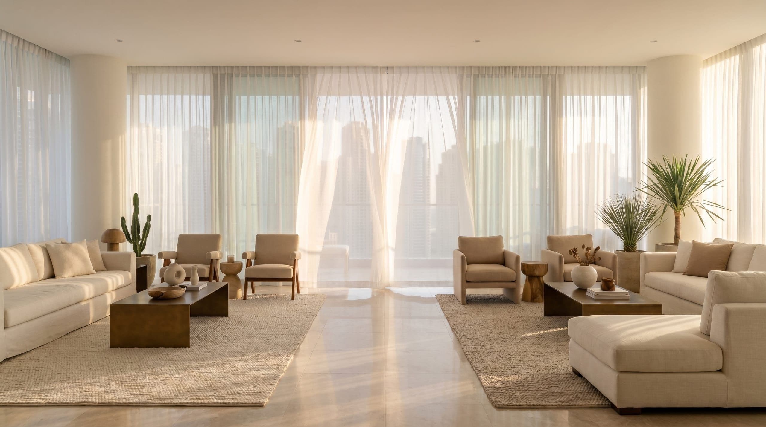 Sheer curtains diffusing golden evening light in a Dubai Marina living room