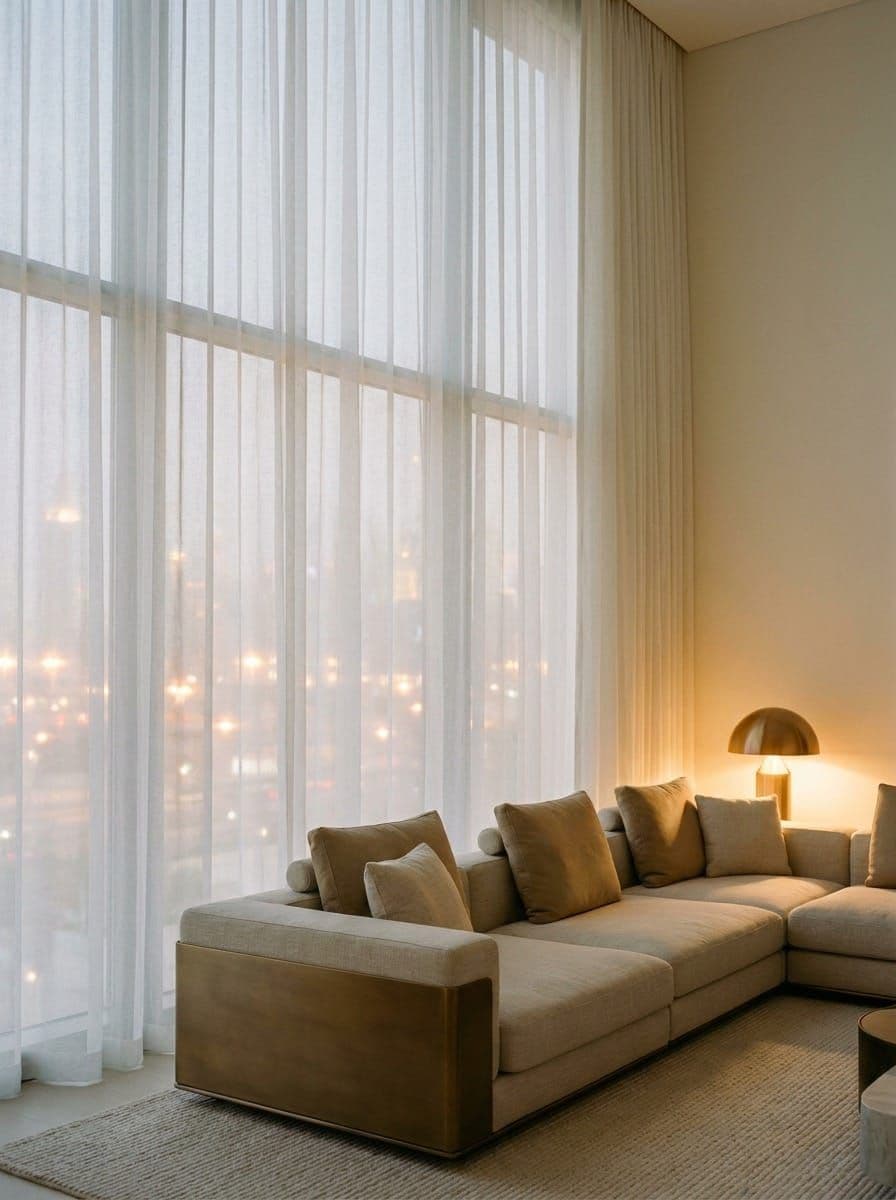 Sheer curtains softening a city view at dusk while the room stays open and bright
