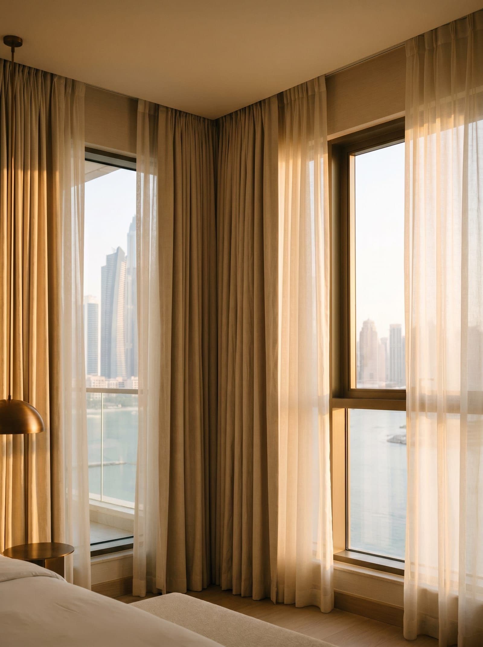 Sheer curtains over a Dubai Marina window